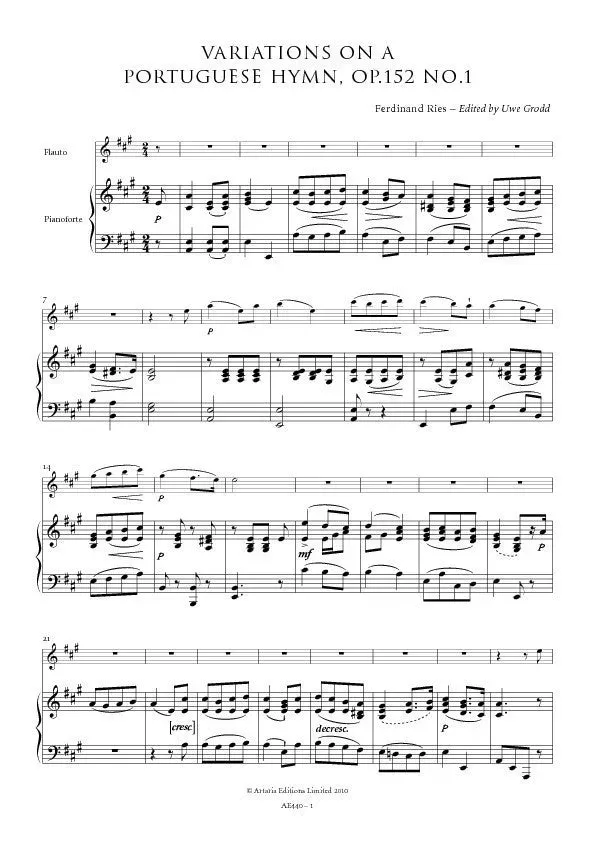 Artaria Ries Variations for Pianoforte & Flute on a Portuguese Hymn, Op.152 No.1 Noten