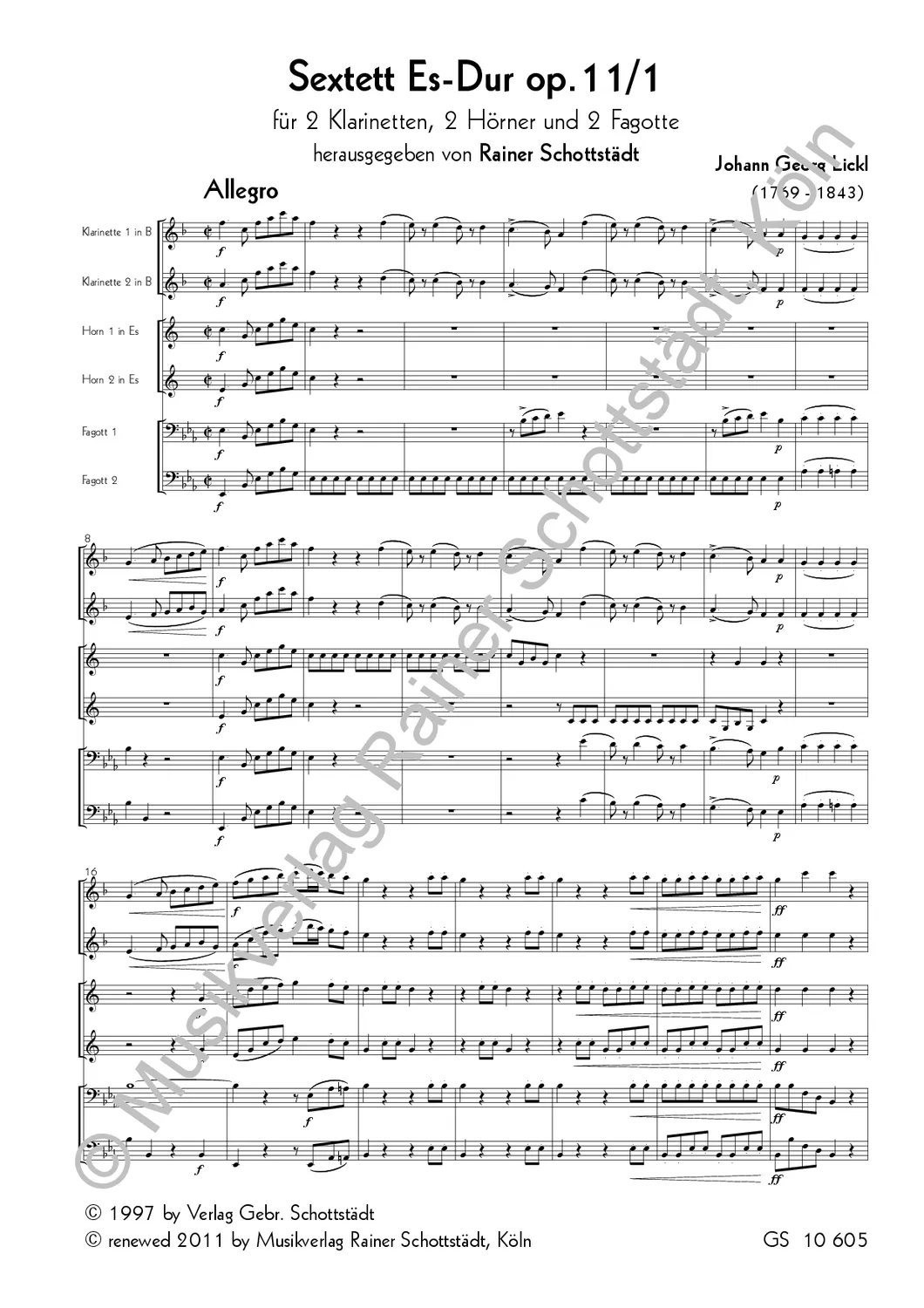 Musikverlag Rainer Schottstädt Sextett Es-dur op.11 Nr.1 Noten Bläser