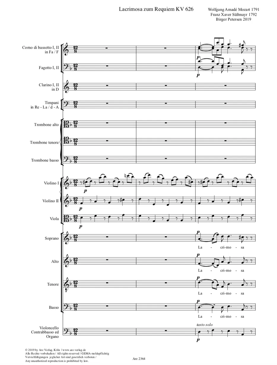 Are Musik Verlag Petersen Mozart Lacrimosa zum Requiem KV 626 Einzelstimmen