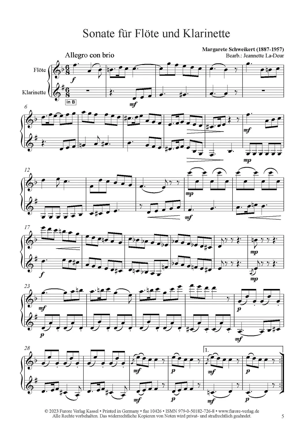 Furore Edition Sonate Flöte Klarinette Noten Arrangement