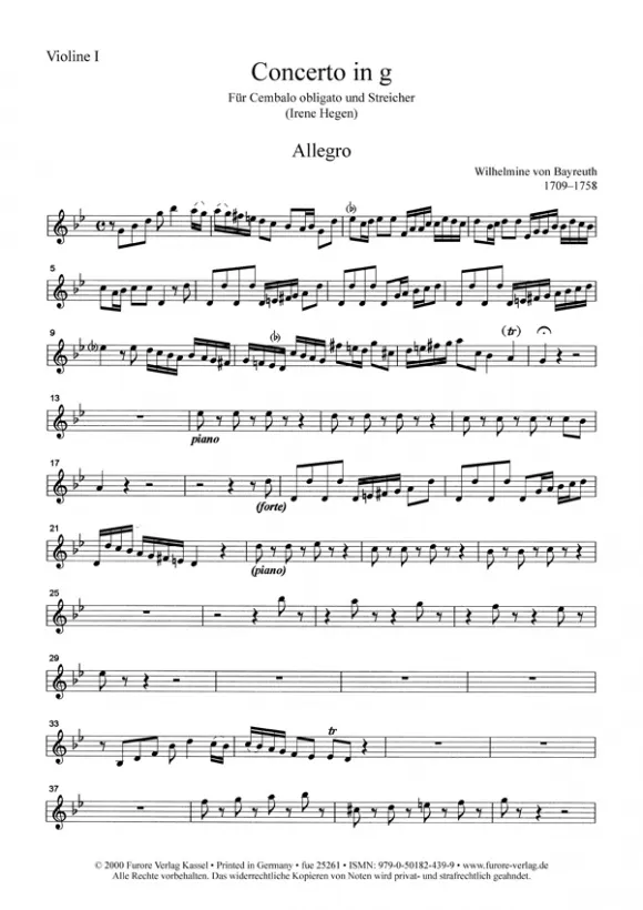 Furore Edition Concerto in G Stimmensatz Noten Cembalo Streicher