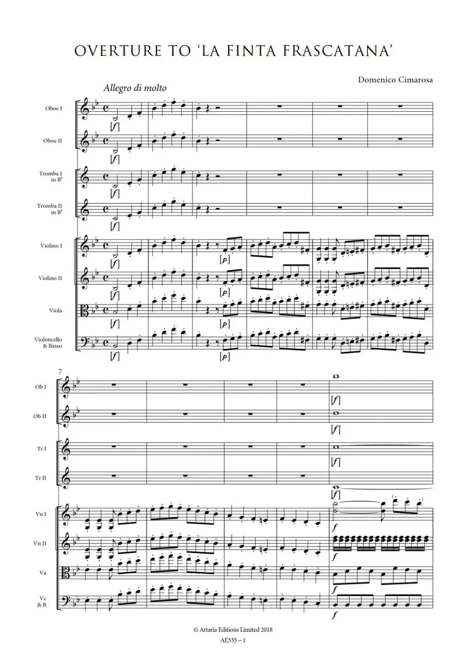 Artaria Cimarosa Overture to 'La Finta Frascatana'