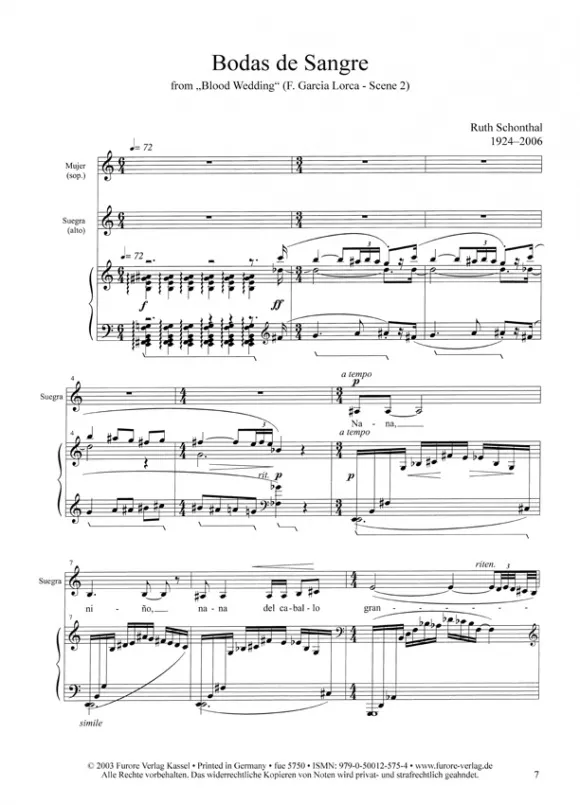 Furore Edition Bodas de Sangre Noten Sopran Alt Klavier