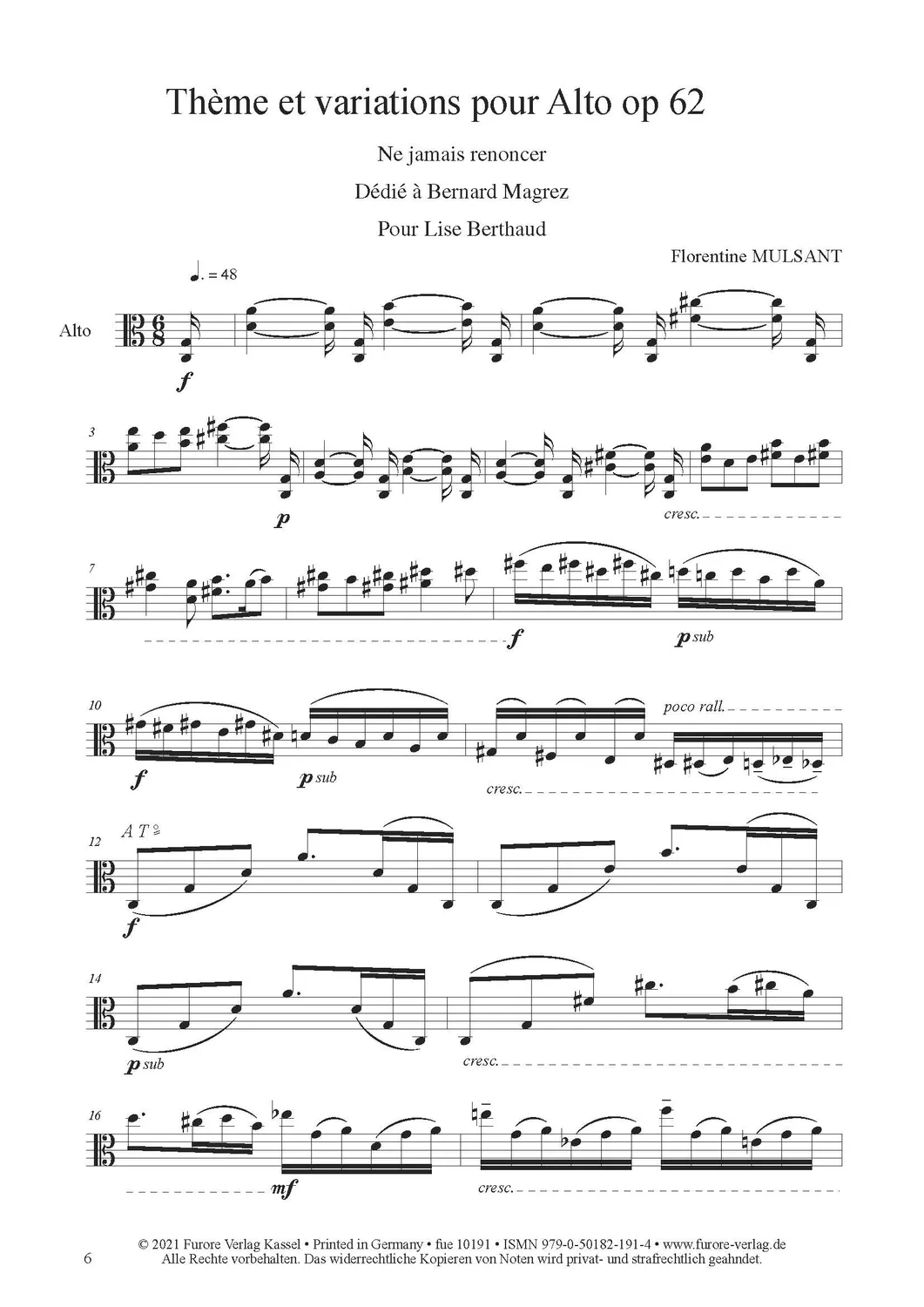 Furore Edition Thème et variations pour alto op. 62 für Viola