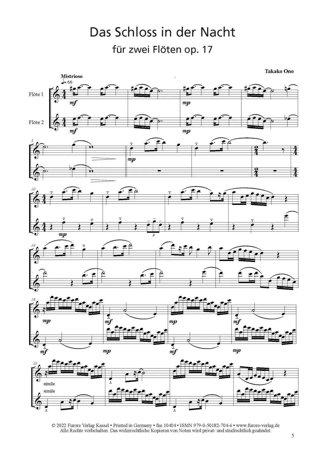 Furore Edition Das Schloss in der Nacht für zwei Flöten op. 17 Noten