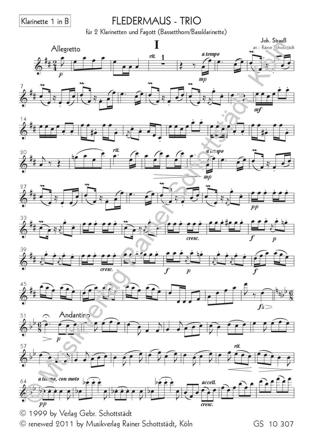 Musikverlag Rainer Schottstädt Fledermaus-Trio Noten für 2 Klarinetten und Fagott