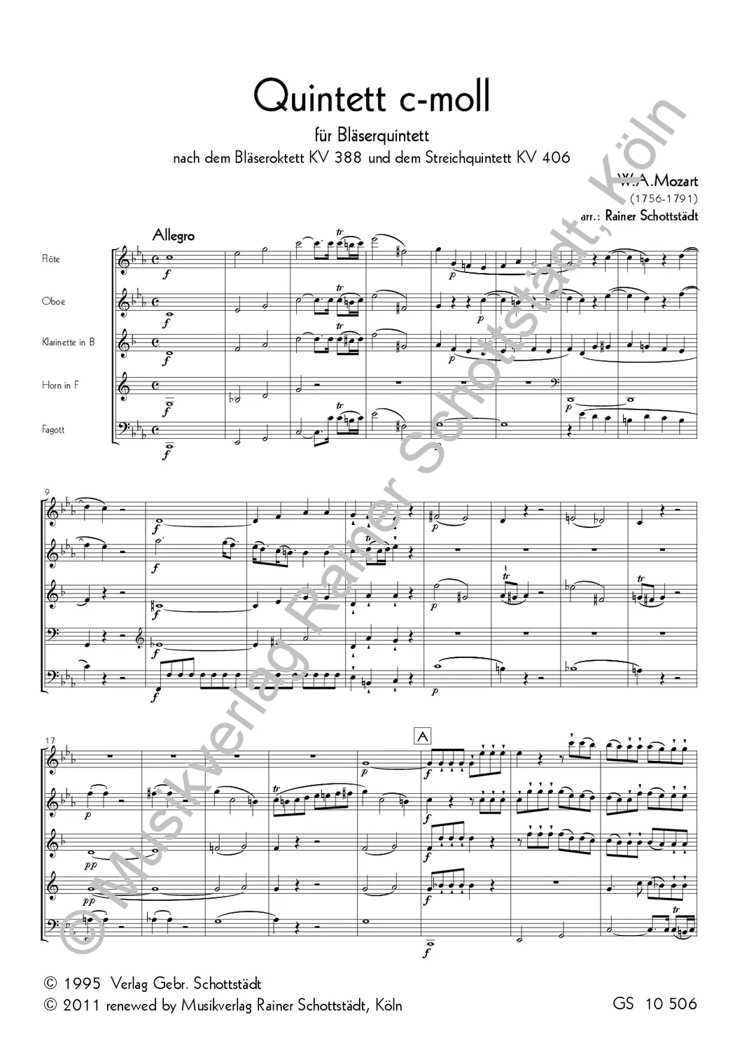 Musikverlag Rainer Schottstädt Quintett c-moll KV 388 KV 406 Noten Bläserquintett