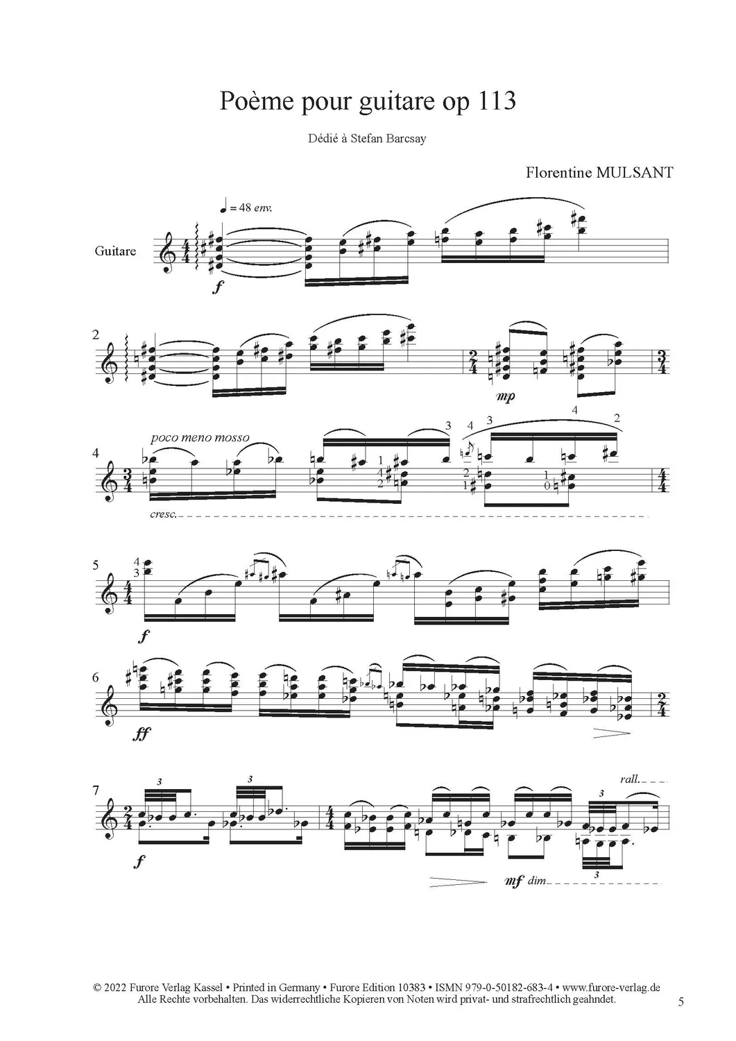 Furore Edition Poème pour guitare (Gedicht für Gitarre) op. 113 Gitarrenstück
