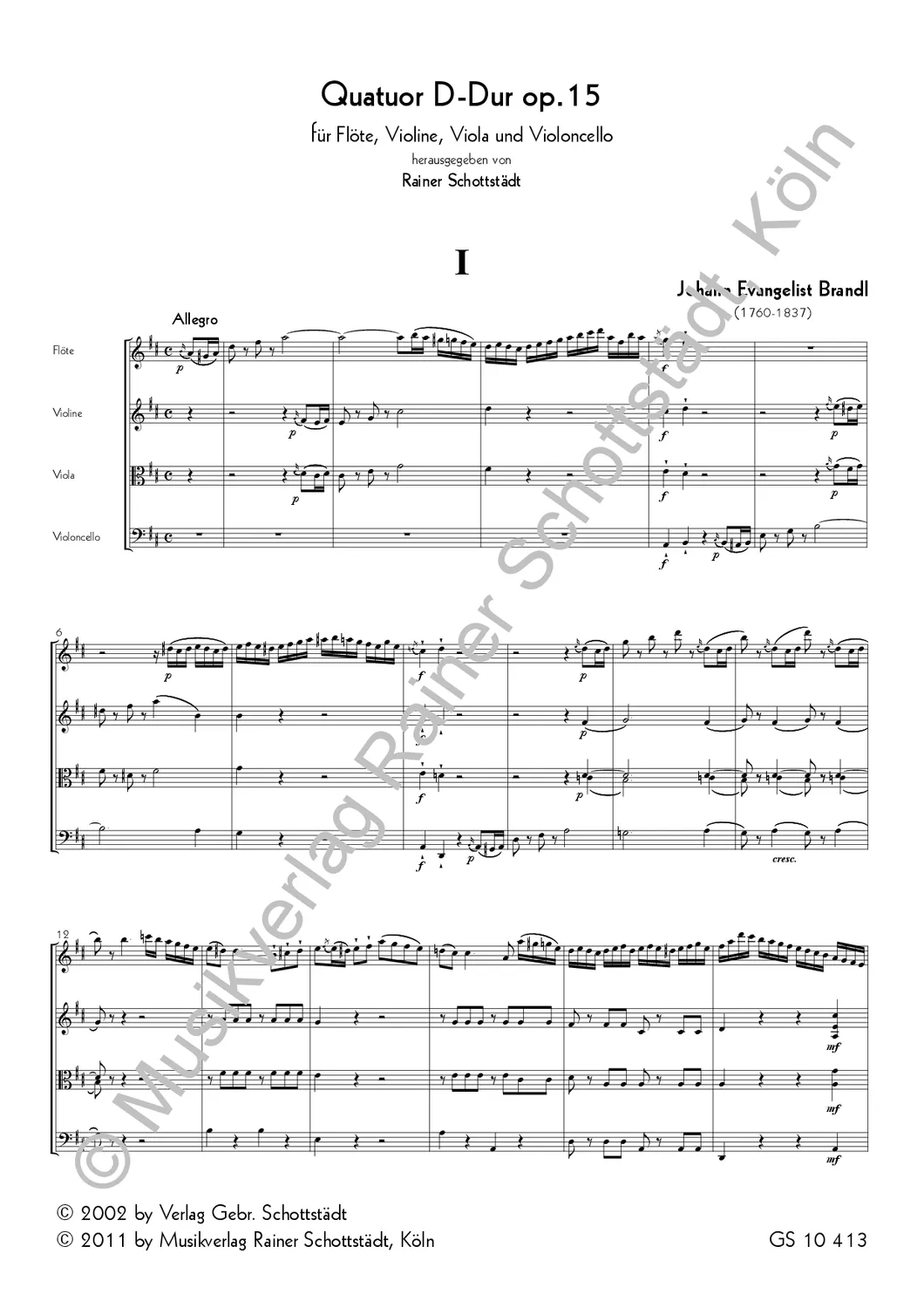 Musikverlag Rainer Schottstädt Quatuor D-dur op. 15 Noten Flöte Streicher