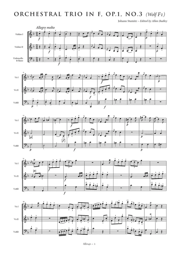 Artaria Stamitz Orchestertrio F-Dur Op. 1 Nr. 3 Noten