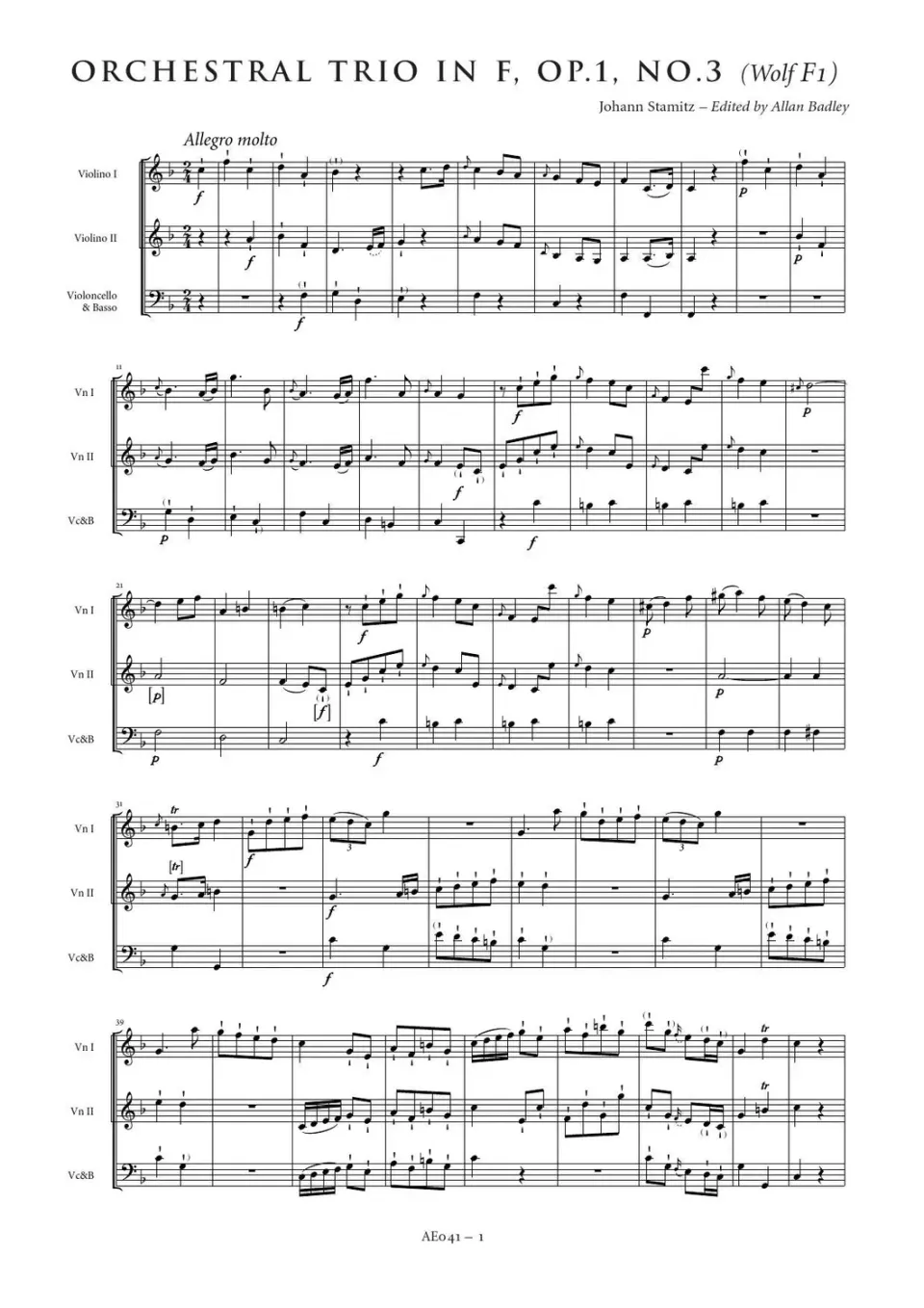 Artaria Stamitz Orchestertrio F-Dur Op. 1 Nr. 3 Noten