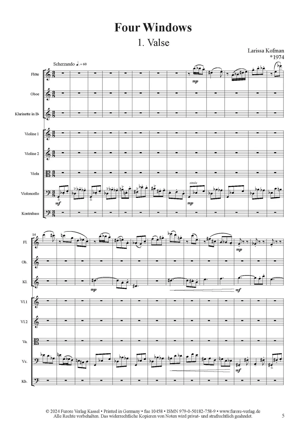 Furore Edition Four Windows Oktett für Flöte, Oboe, Klarinette und Streicher