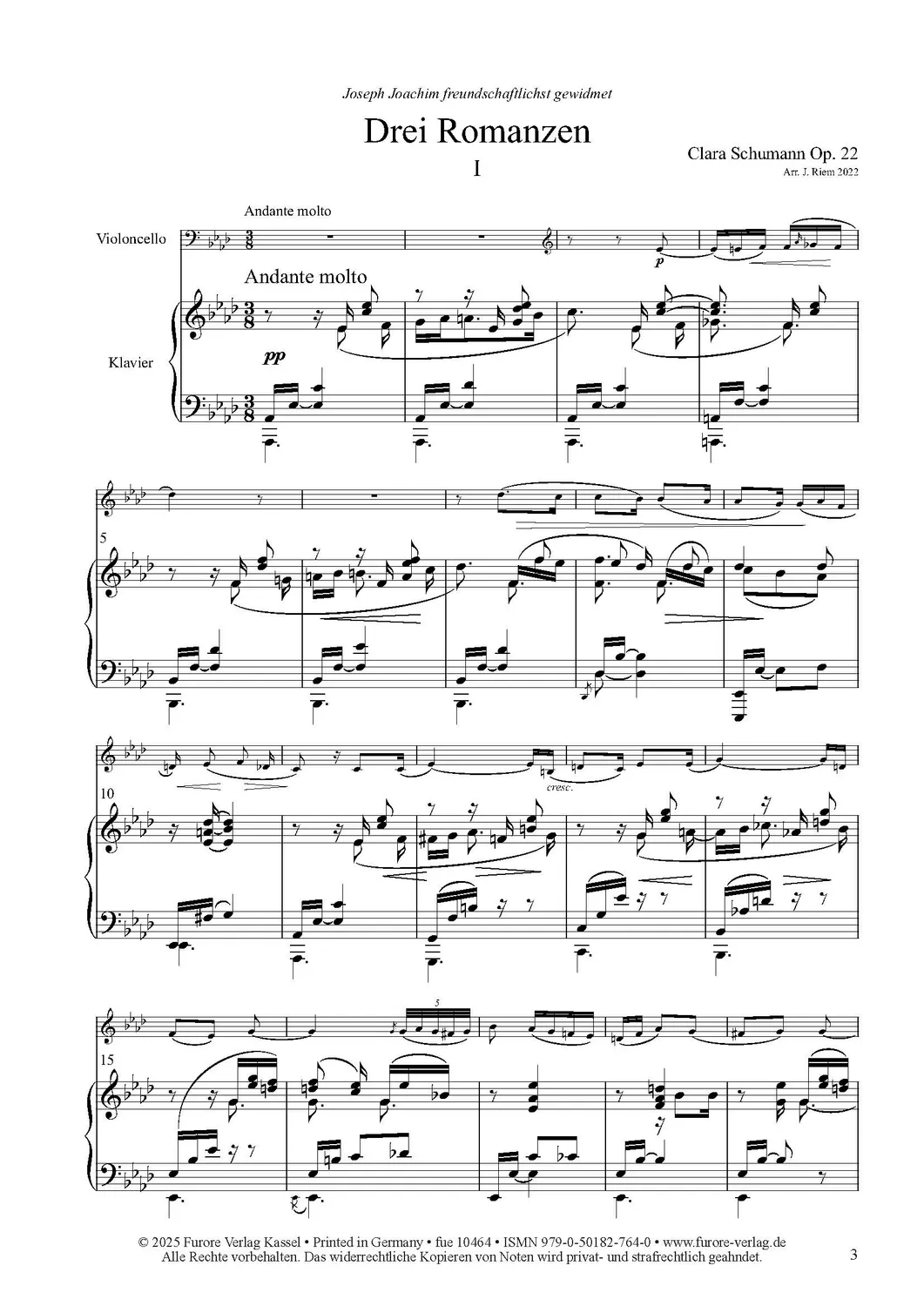 Furore Edition Drei Romanzen op. 22 Noten Cello Klavier