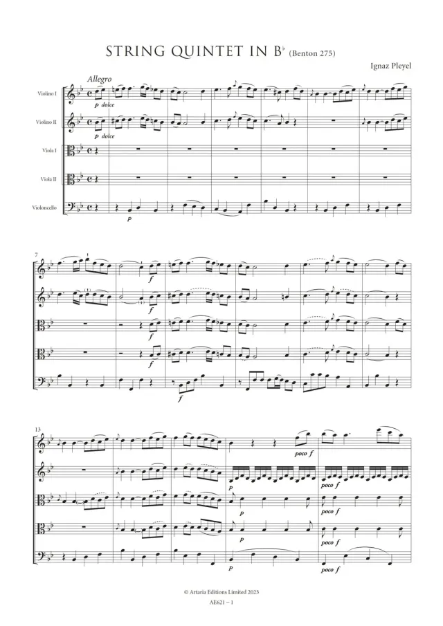 Artaria Pleyel String Quintet in Bb (Benton 275) Noten