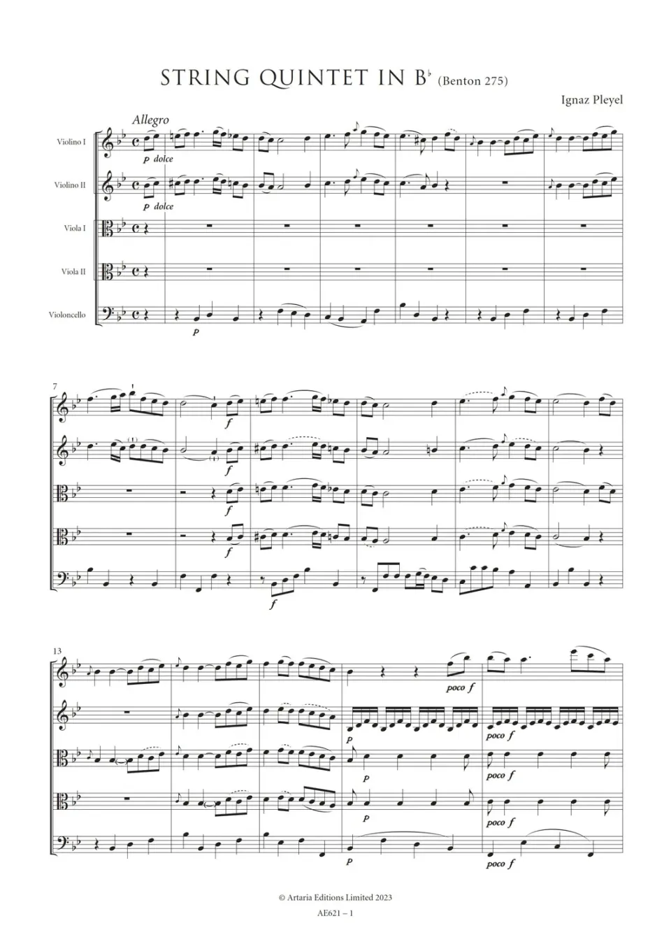 Artaria Pleyel String Quintet in Bb (Benton 275) Noten