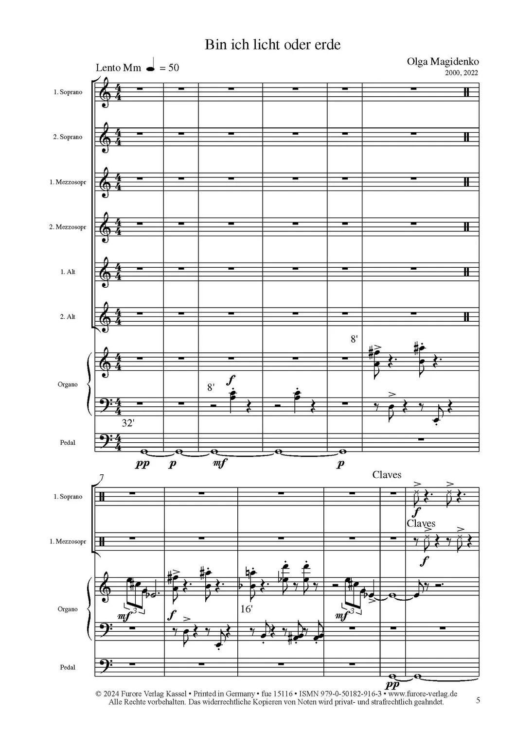 Furore Edition Bin ich licht oder erde op. 68 Chornoten Orgel