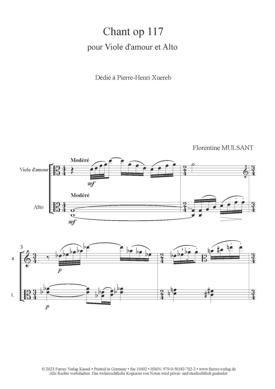 Furore Edition Chant op. 117, 2022 Noten für Viola d’amore und Viola