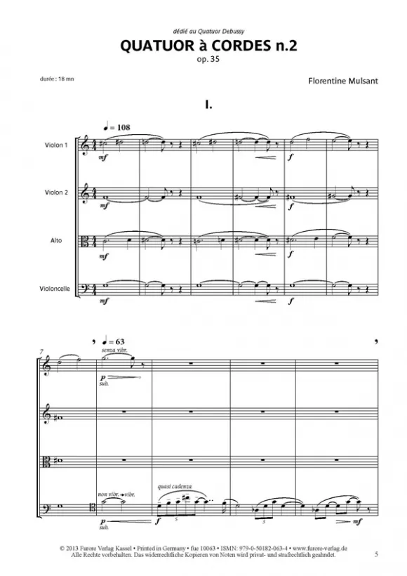 Furore Edition Quatuor à cordes no. 2 op. 35 Streichquartett Noten