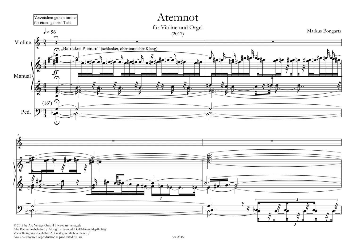 Are Musik Verlag Atemnot für Violine und Orgel Noten Ausgabe