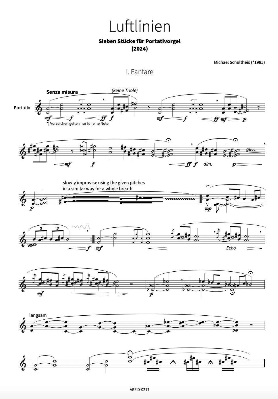 Are Musik Verlag Schultheis, Michael: Luftlinien, Sieben Stücke für Portativorgel Noten
