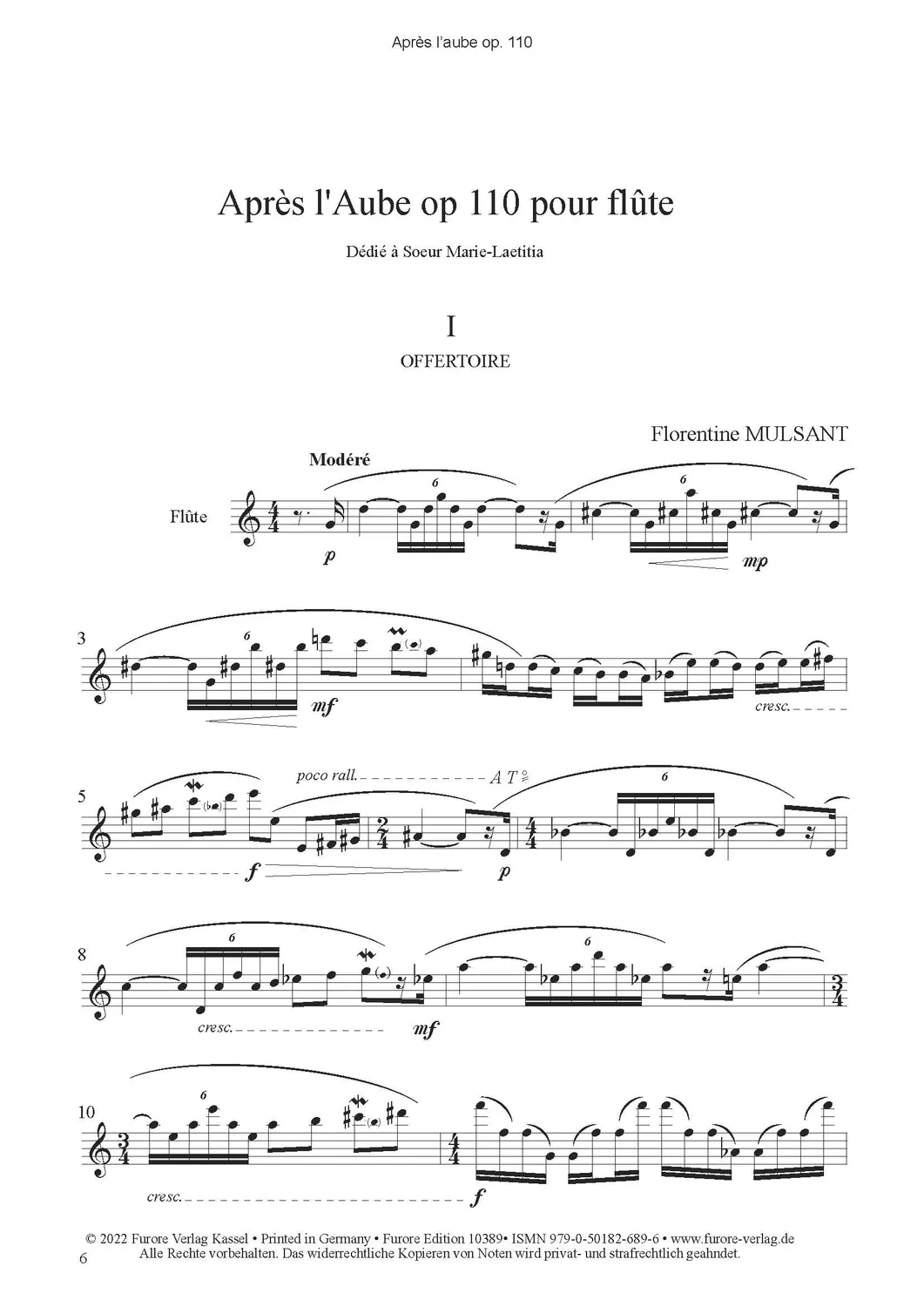Furore Edition Après l’aube op. 110 Flöte Noten