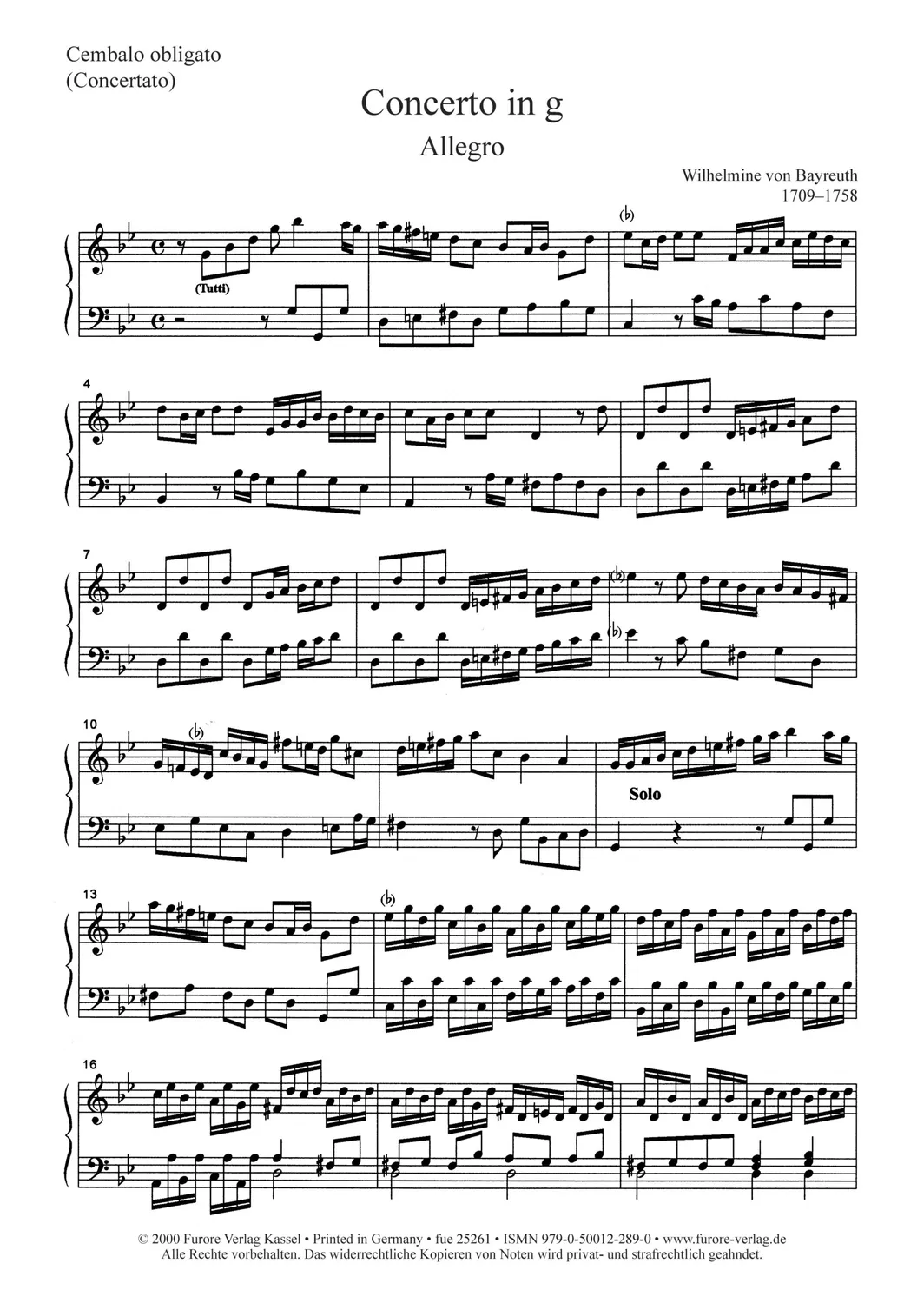 Furore Edition Concerto G Cembalostimme Noten Streicher