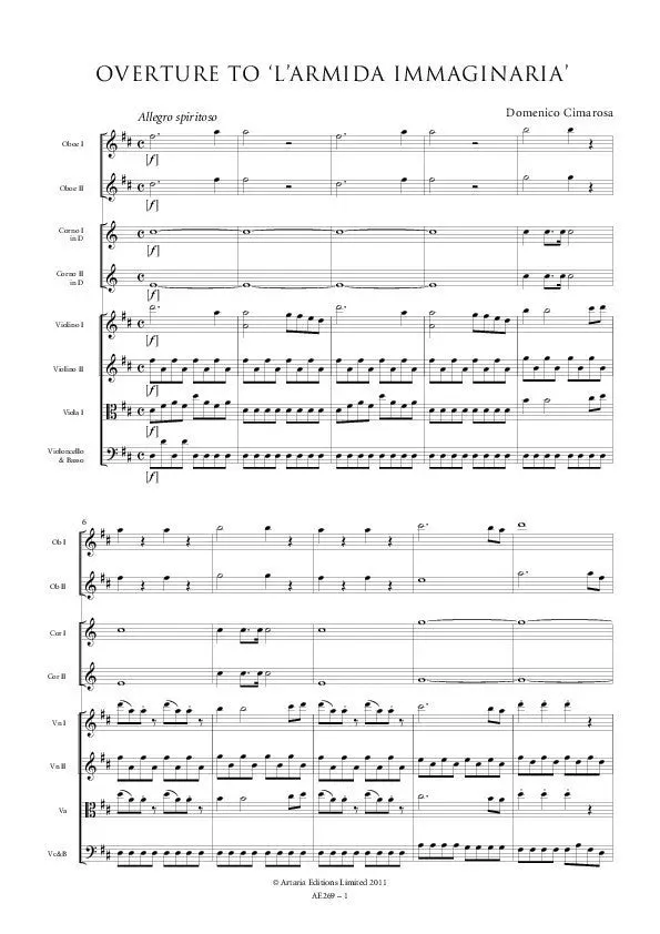 Artaria AE269 Cimarosa Overture to 'L'Armida Immaginaria' Partitur