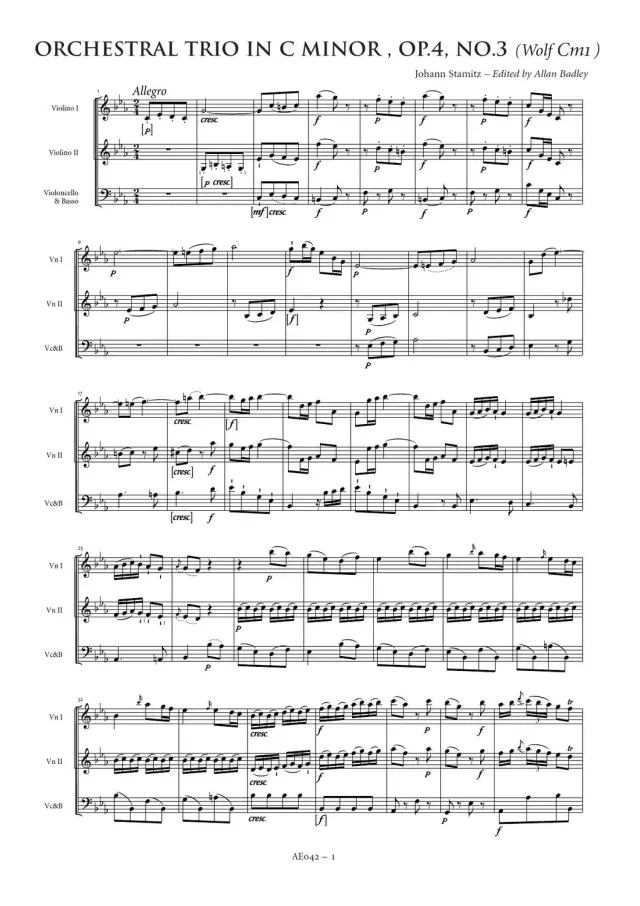 Artaria Stamitz Orchestertrio c-Moll op. 4 Nr. 3 AE042 Noten
