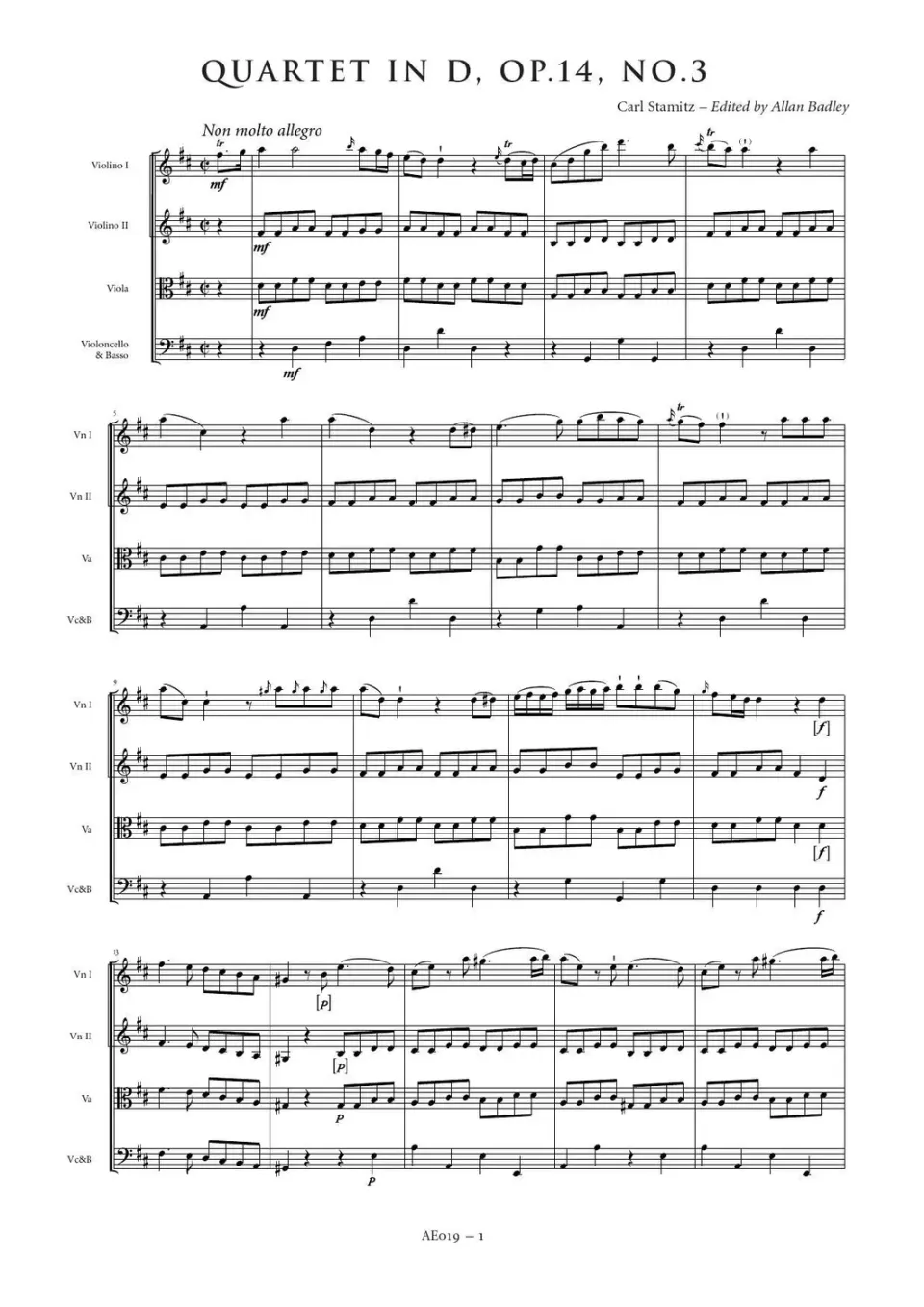 Artaria AE019 Stamitz Quartett D-Dur op.14 Nr.3 Noten