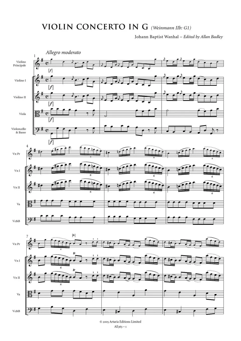 Artaria AE363 Wanhal Violinkonzert G-Dur Partitur