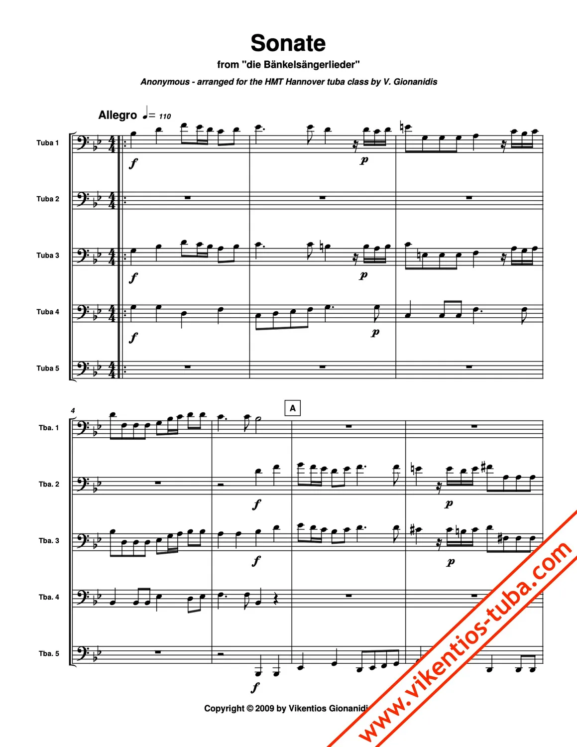 Vikentios Gionanidis Sonate Bänkelsängerlieder Noten Tubaquintett