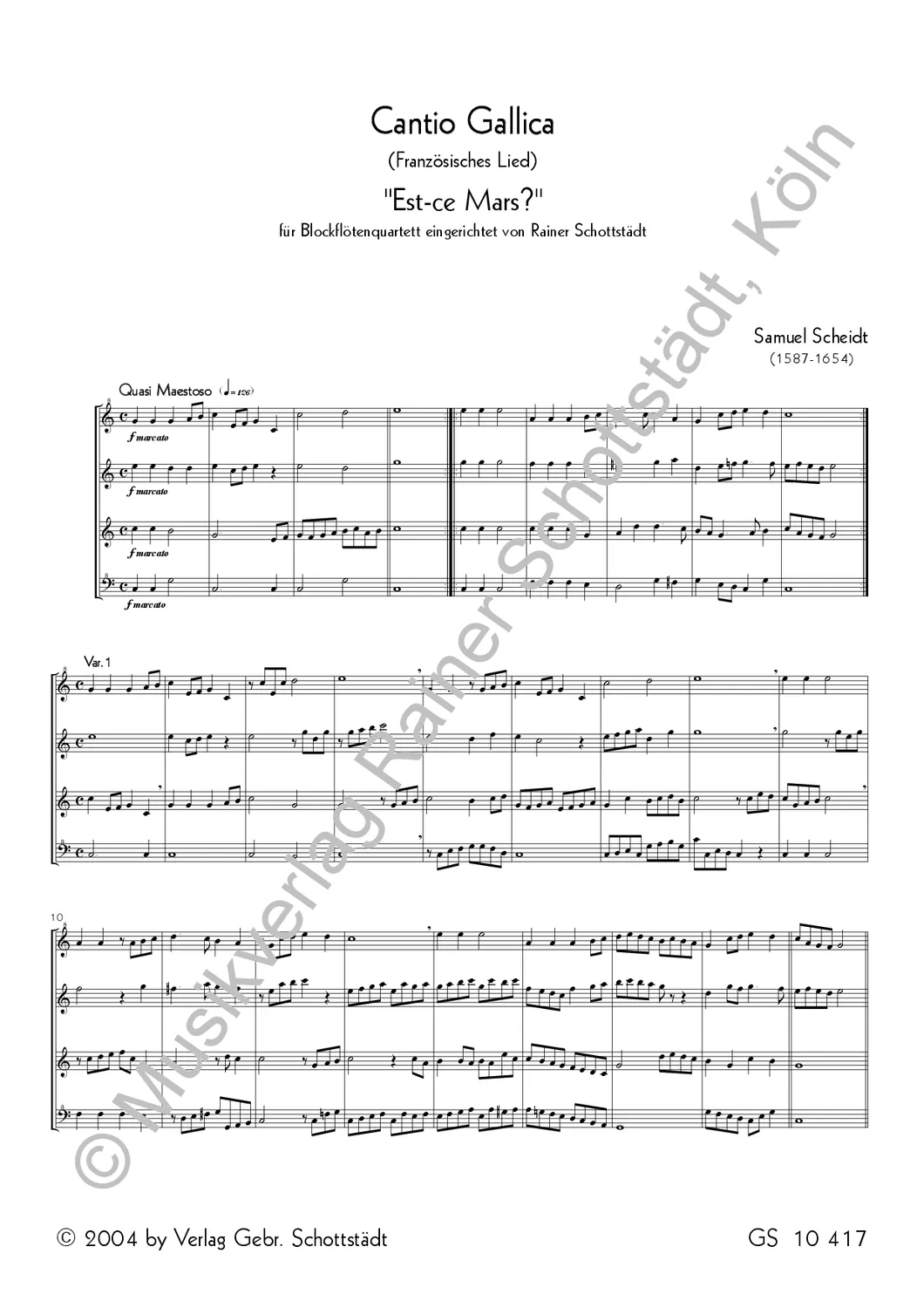 Musikverlag Rainer Schottstädt Cantio Gallica Bergamasca Noten Blockflötenquartett