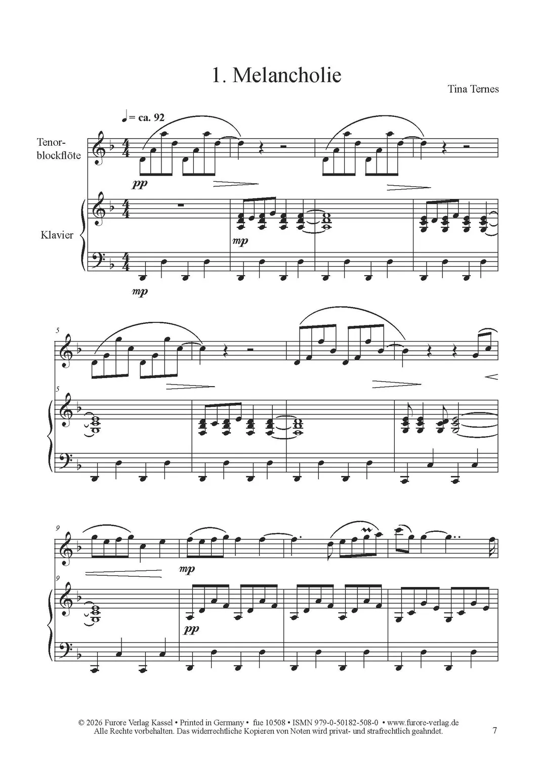 Furore Edition Vier Gedanken op. 115 für Blockflöte und Klavier Noten