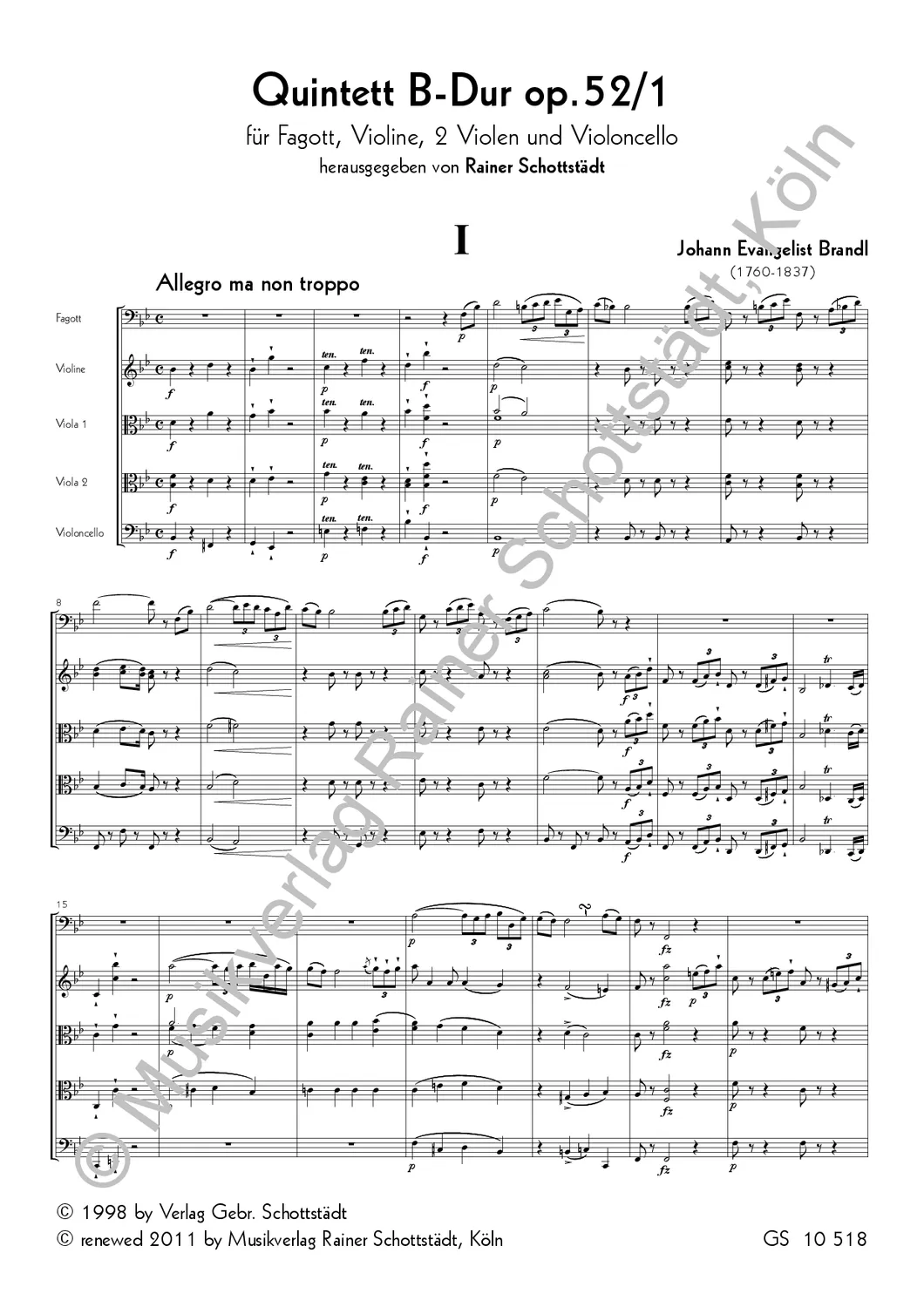 Musikverlag Rainer Schottstädt Quintett B-dur op. 52/1 Noten Fagott Streicher