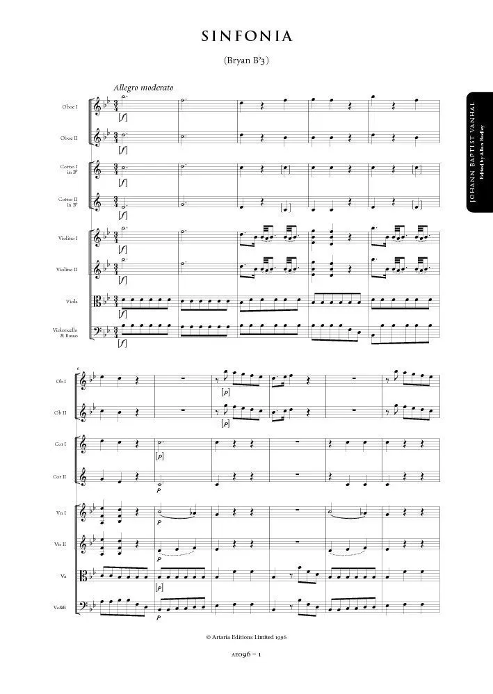 Artaria Wanhal Symphony in B flat major (Bryan Bb3)