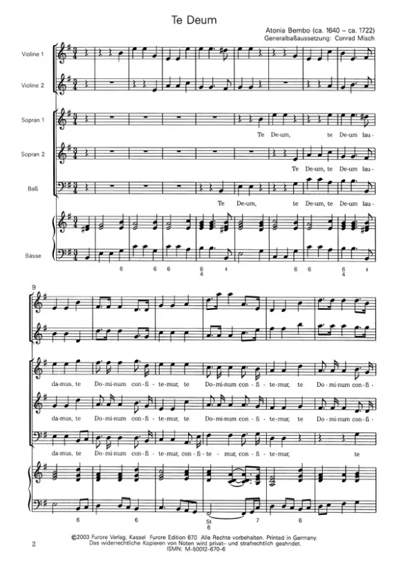 Furore Edition Te deum Noten 2 Soprane Bass Continuo