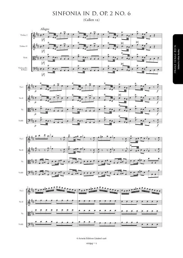 Artaria Beck Symphony in D major, Op. 2, No. 6 (Callen 12)