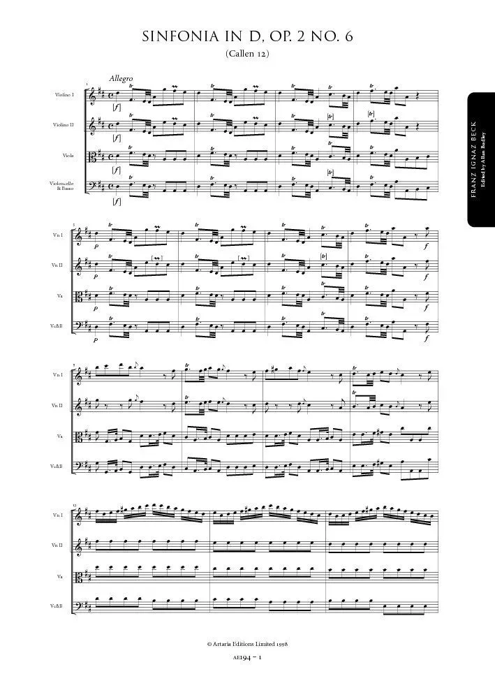 Artaria Beck Symphony in D major, Op. 2, No. 6 (Callen 12)