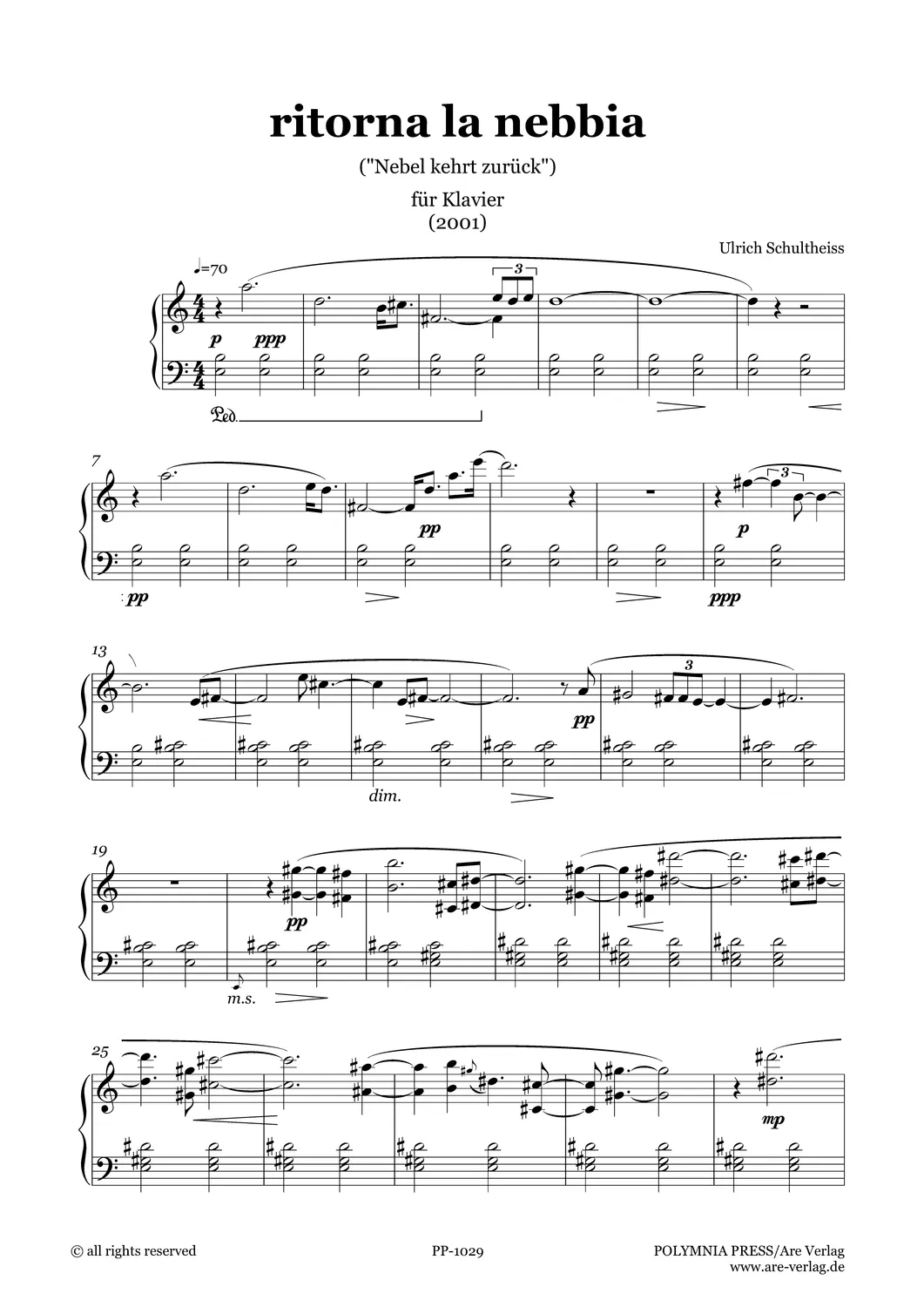 Are Musik Verlag Ulrich Schultheiss ritorna la nebbia Klaviernoten