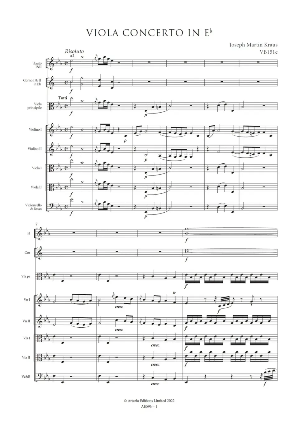 Artaria Kraus Viola Concerto Es-Dur VB151c AE596 Partitur