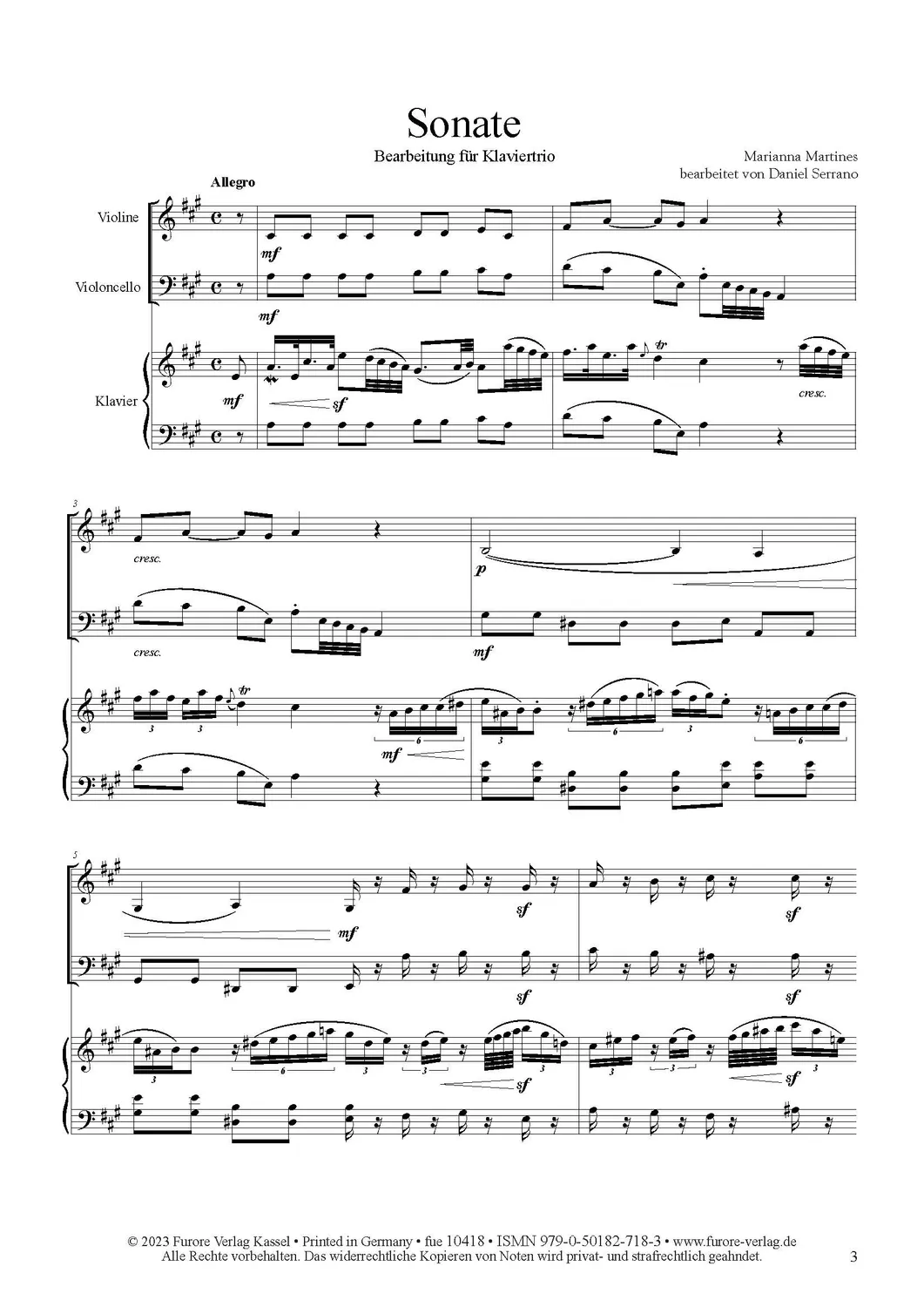 Furore Edition Sonate in A-Dur für Klaviertrio