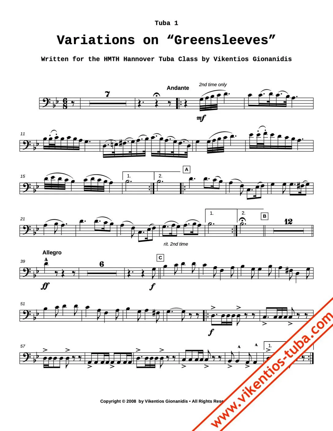 Vikentios Gionanidis Variations on Greensleeves Noten Tubaquintett