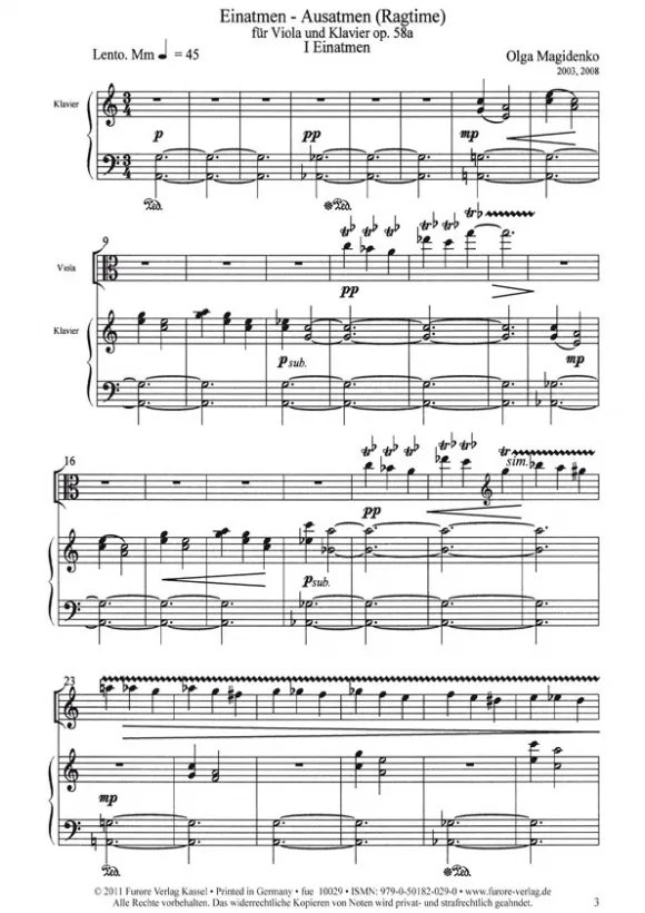 Furore Edition Einatmen – Ausatmen op. 58a Noten Viola Klavier