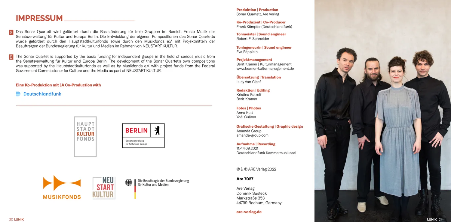 Are Musik Verlag Lunik Sonar Quartett CD Streichquartett