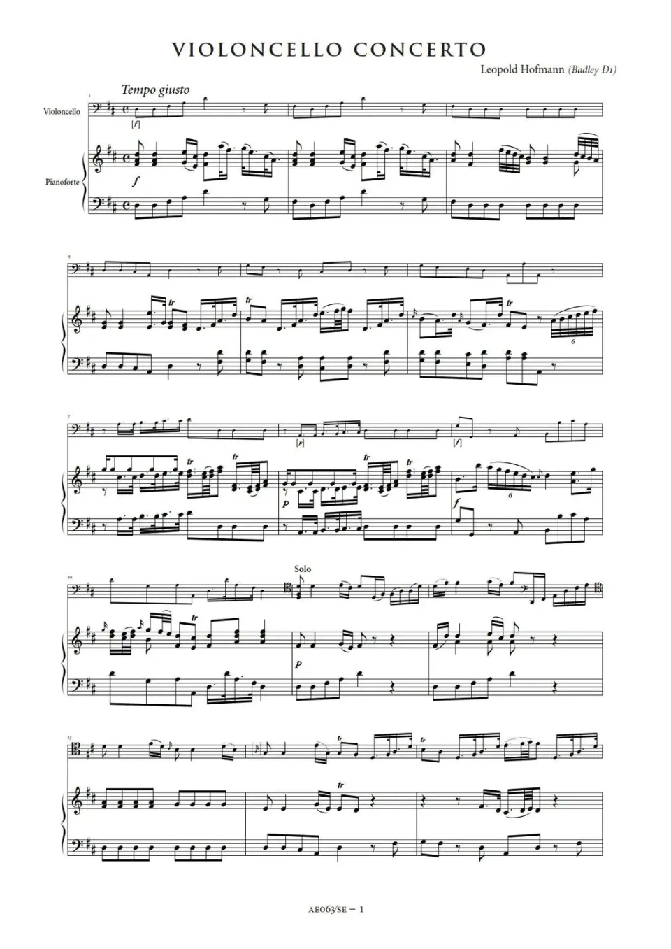 Artaria Hofmann Cellokonzert D-Dur Badley D1 Klavierauszug