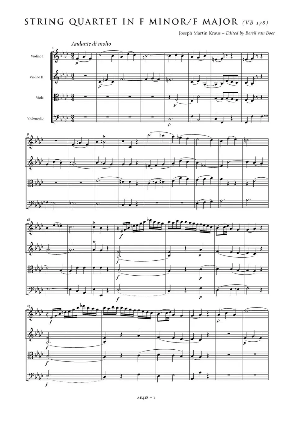 Artaria Kraus Streichquartett f-Moll VB178 Stimmen