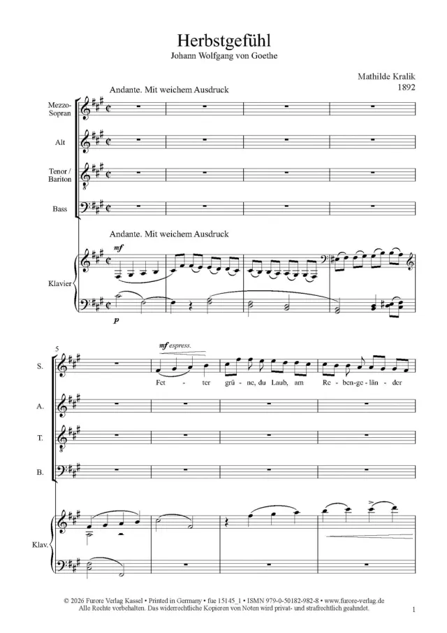 Furore Edition Herbstgefühl Chorpartitur SATB Klavier Goethe