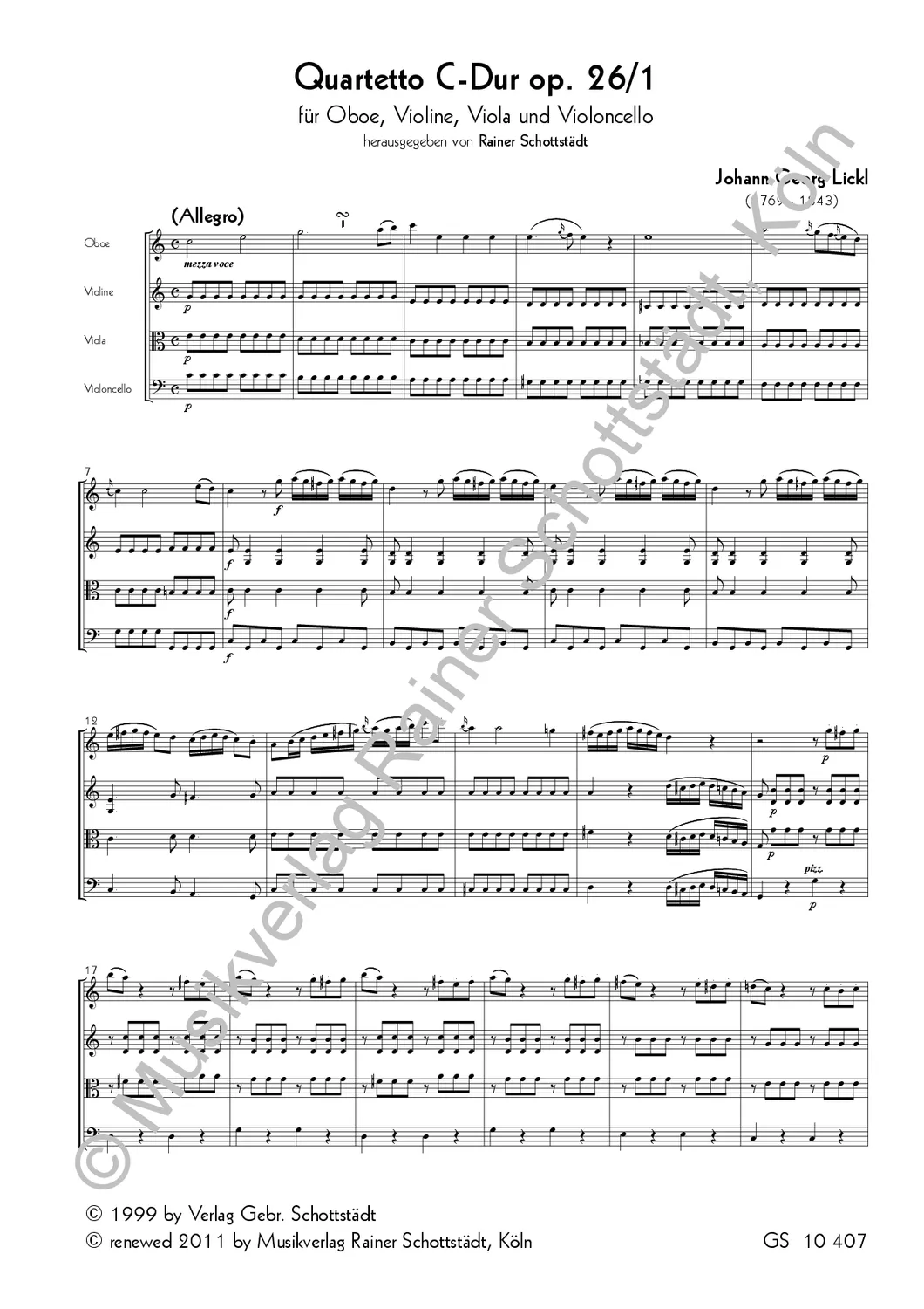 Musikverlag Rainer Schottstädt Quartetto C-dur op. 26/1 Noten für Oboenquartett