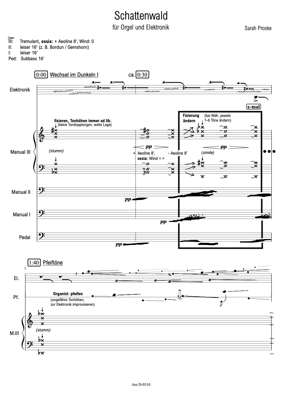 Are Musik Verlag Proske, Sarah: Schattenwald (2025) für Orgel und Elektronik Noten