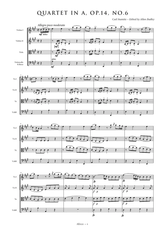 Artaria Stamitz Streichquartett A-Dur op. 14 Nr. 6 Noten